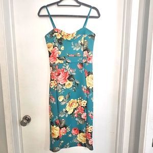 Teal Tropical Flower Midi Dress